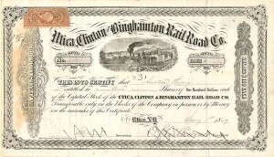 Utica, Clinton and Binghamton Railroad Co. - Railway Stock Certificate